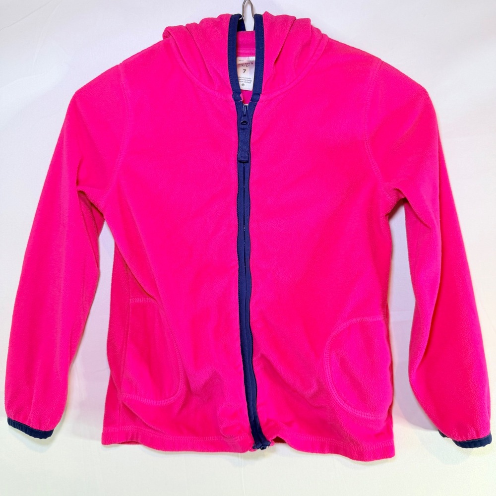 Carters Kid Girls Hot Pink Fleece Full Zip Hoodie Jacket Navy Trim Size 7